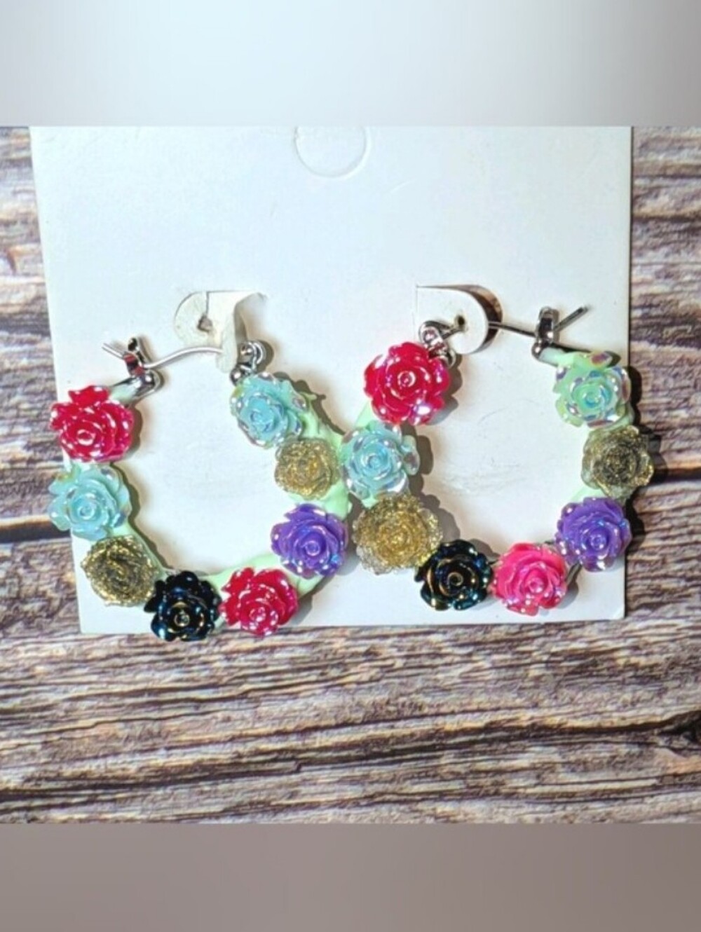 Handmade Colorful Rose Hoop Earrings - Multicolor Floral Design